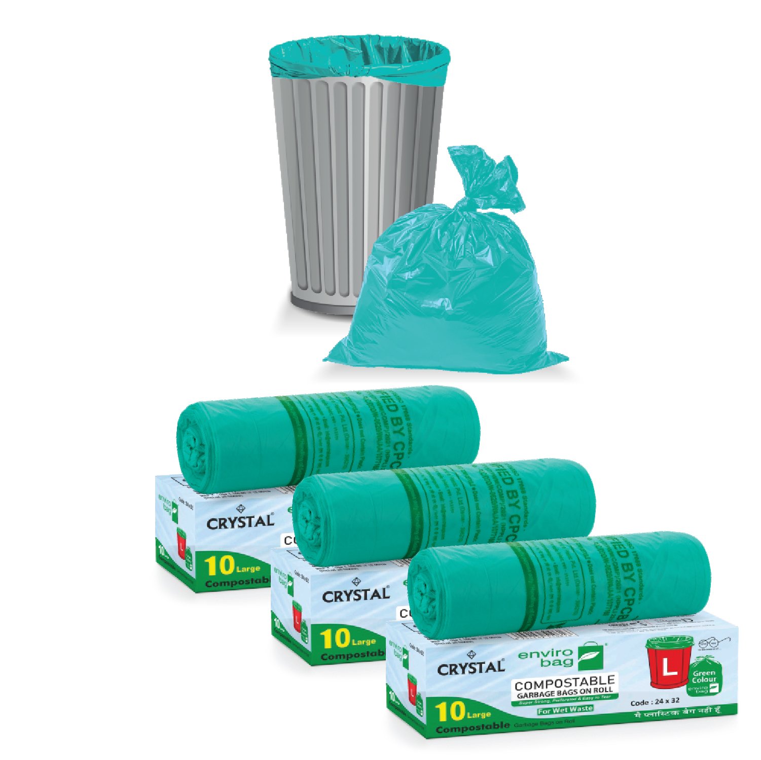 Crystal Compostable Garbage Bag Large Green - envirobag